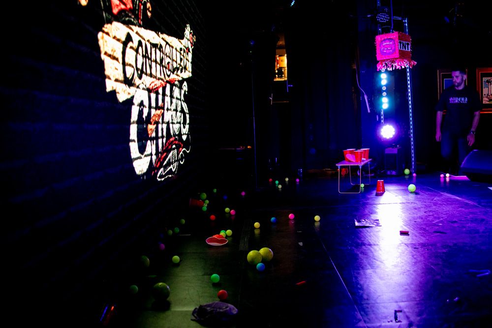 The stage after the show, covered in balls